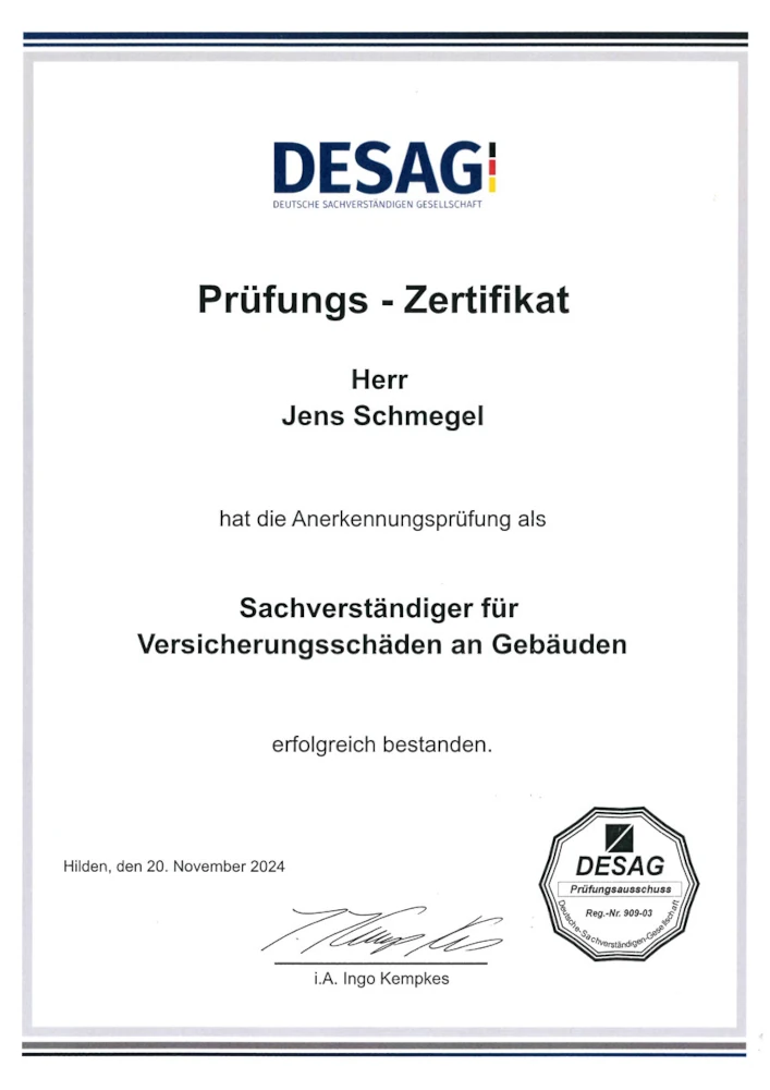 Zertifikat Versicherungsschäden DESAG
