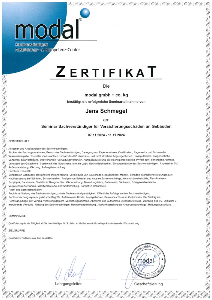 Zertifikat Versicherungsschäden modal
